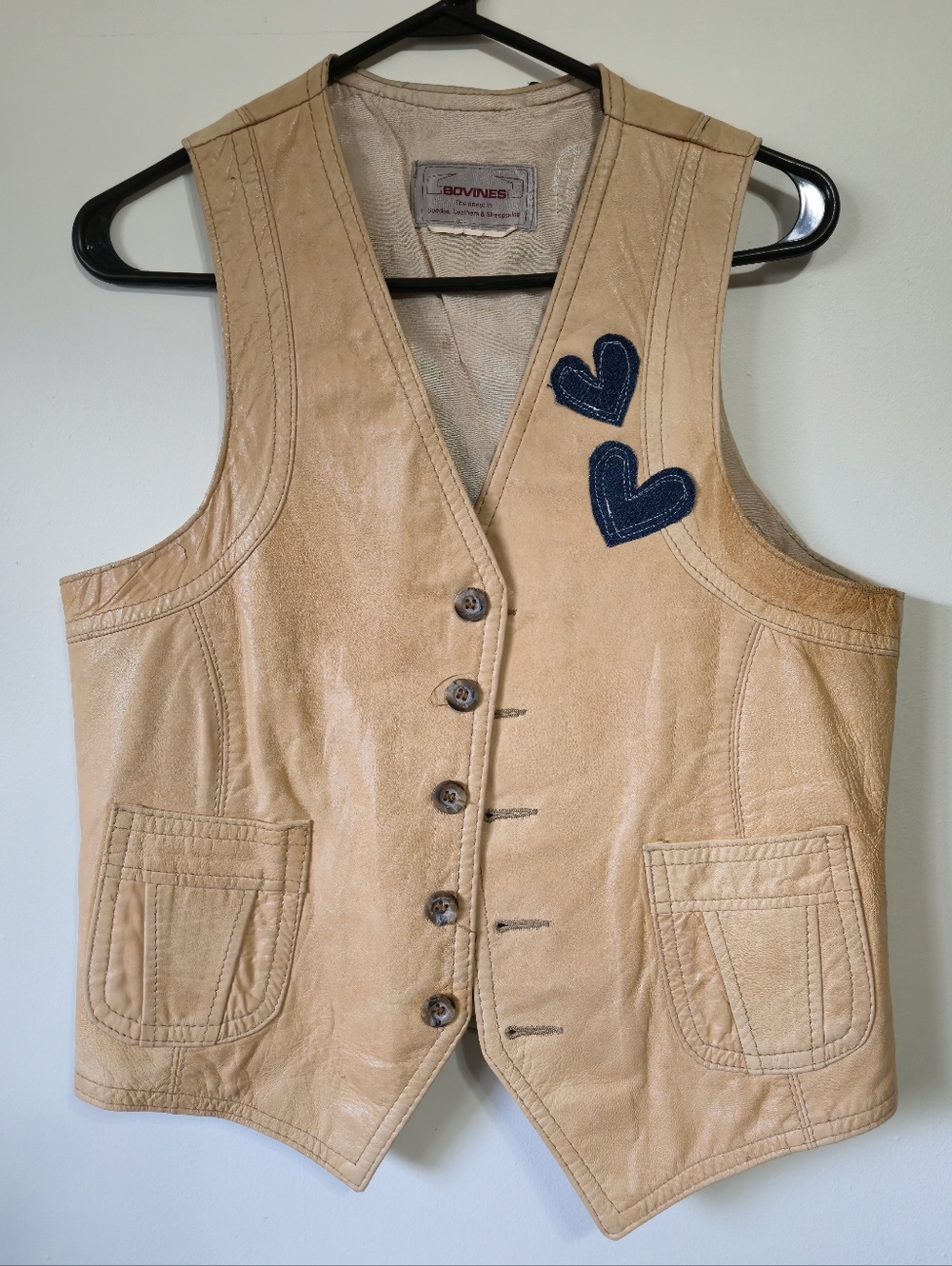VINTAGE Tan Leather Vest with Upcycled Denim Heart Patches, Med